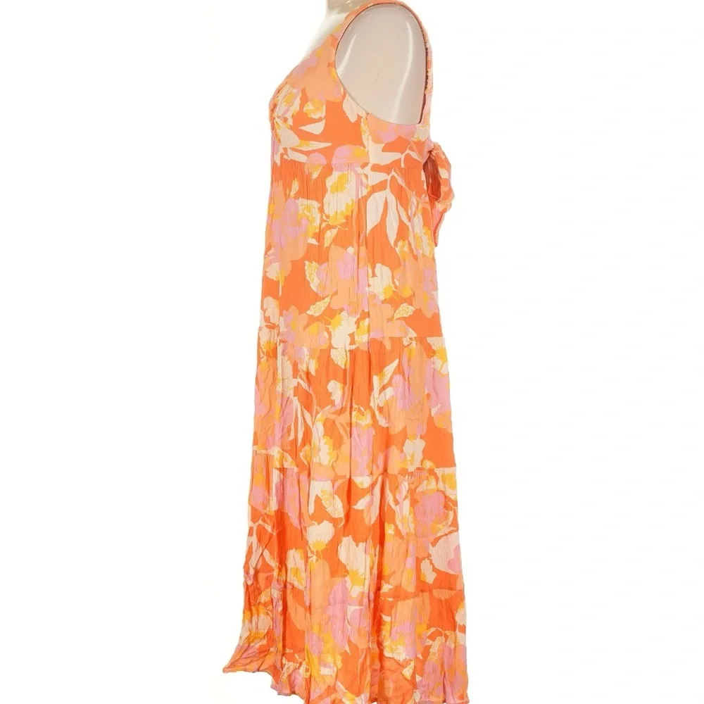 Floral Tropical Orange, Pink and Yellow V-Neck Midi Calf-Length Dress